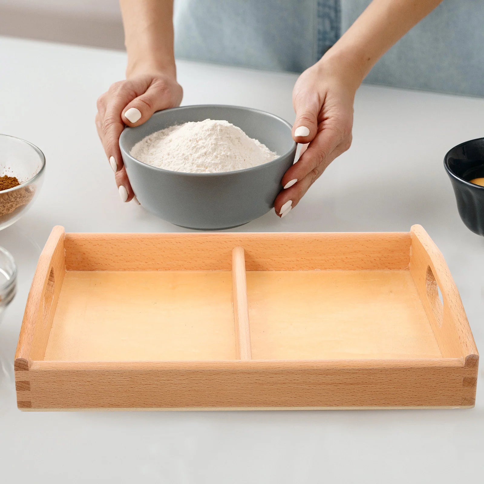 Two Handles Montessori Wooden Trays Storage Tray Toddler Breakfast Serving Wood Tray Sand Art Craft Bowls Plates Trays Baskets