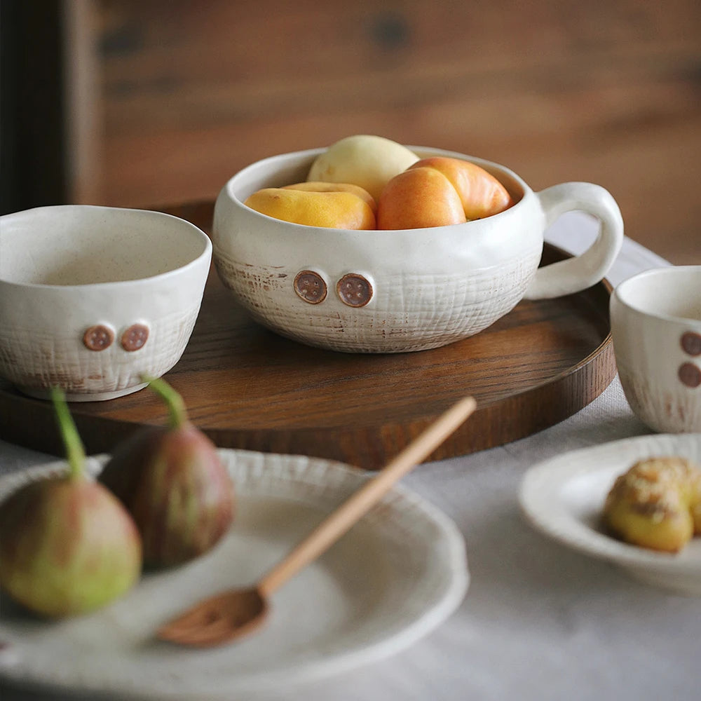 Creative Porcelain Bowl Vintage Hand-Made Button Relief Ceramic Homehold Dinnerware Fruit Vegetable Salad Bowls Kitchen Supplies
