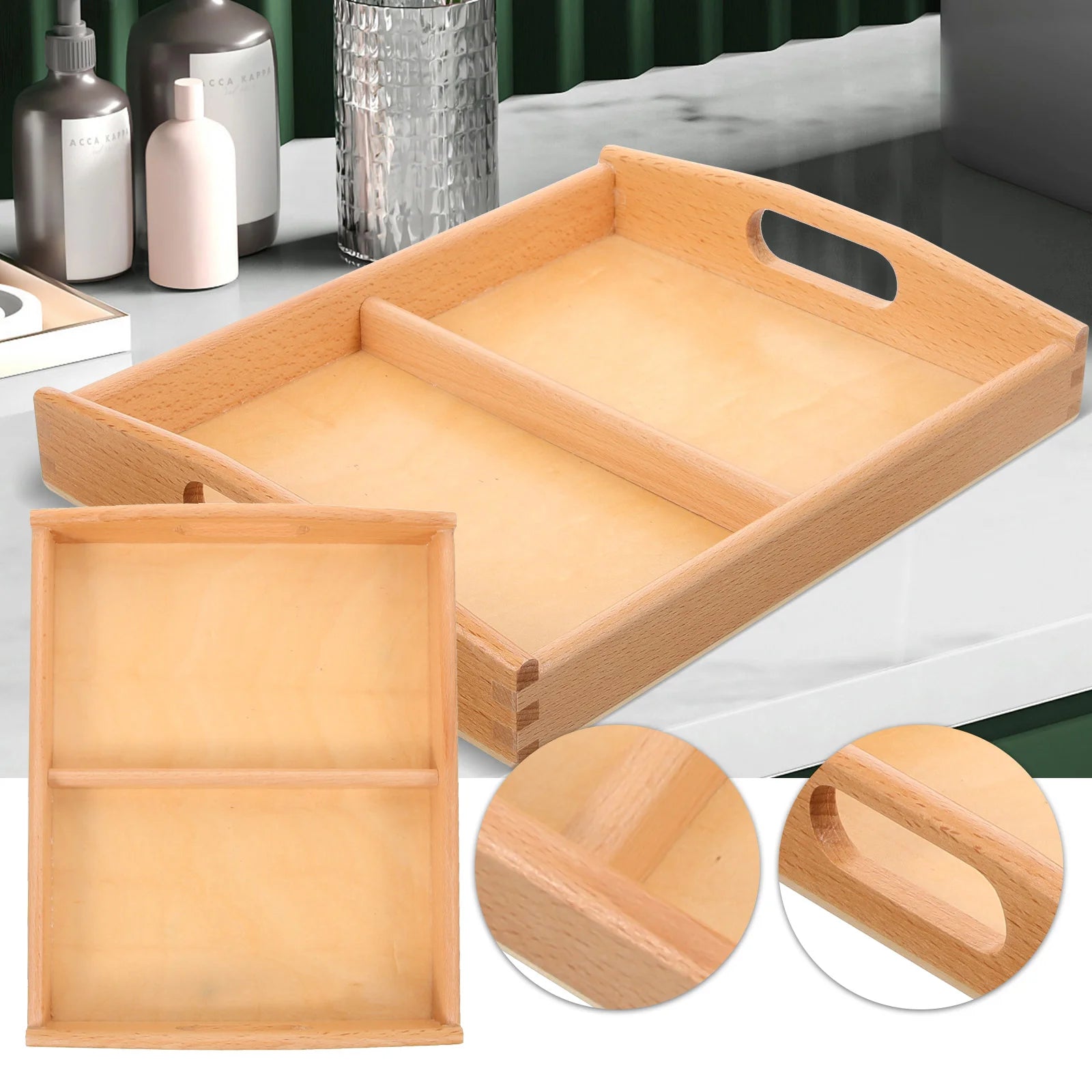 Two Handles Montessori Wooden Trays Storage Tray Toddler Breakfast Serving Wood Tray Sand Art Craft Bowls Plates Trays Baskets