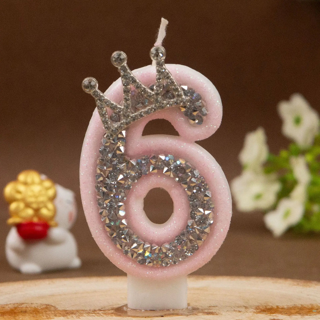 Digital Candles 0-9 Pink Silver Rhinestone Crown Creative Cake Decorative Birthday Candles