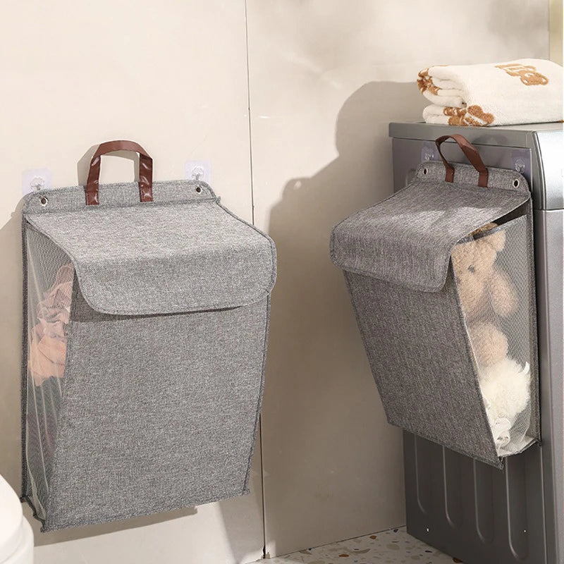 Washing Clothes Mesh Hook Organizer Foldable Adhesive Laundry Basket Hamper, Multifunctional Punch Free Wall Hanging