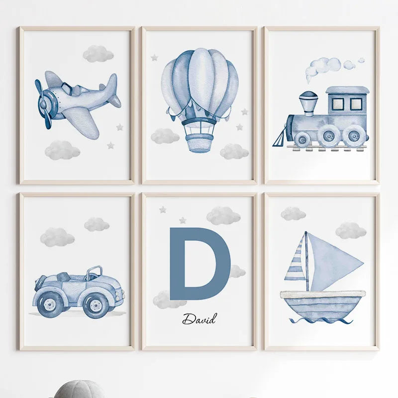 Hot Air Balloon Plane Train Car Custom Baby Name Wall Art Nordic Posters Painting Cartoon Pictures Kids Room Decor Canvas Prints