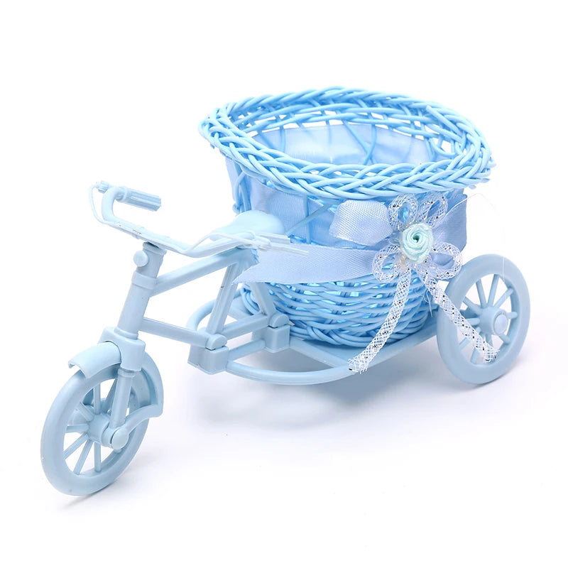 1Pc Rattan Bicycle Flower Basket Vase Storage Three-wheel Cute Flower Pot Ornament