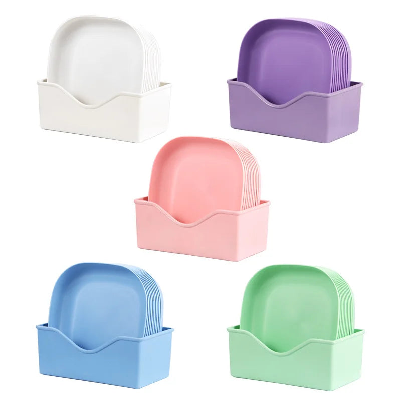 10 Square Dinner Plates with 1 Holder Food Plate Set Snacks Dessert Plastic Candy Cookie Storage Tray Straw Bone Spitting Plate