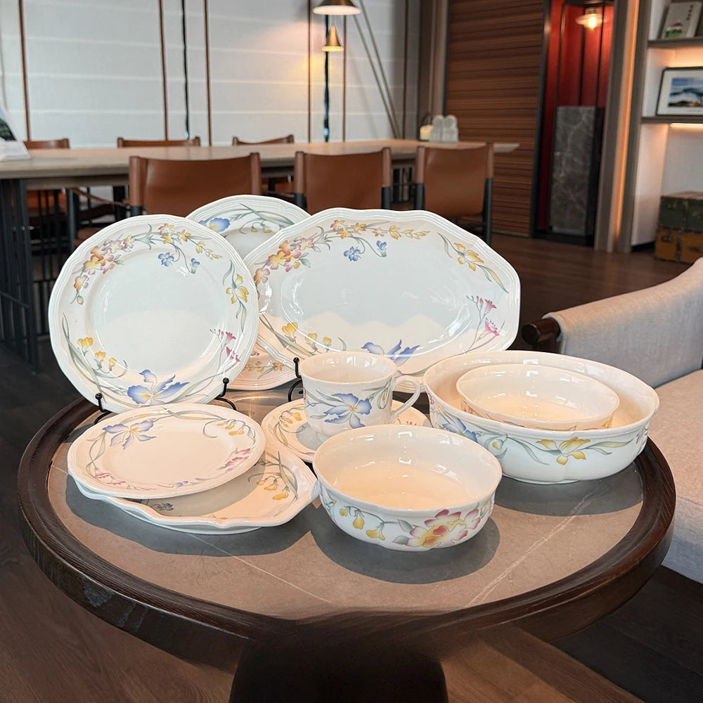 Floral Ceramic Dinner Set French Style Plates Oval Serving Bowls Unique Artistic Tableware For Daily Home Use Dining