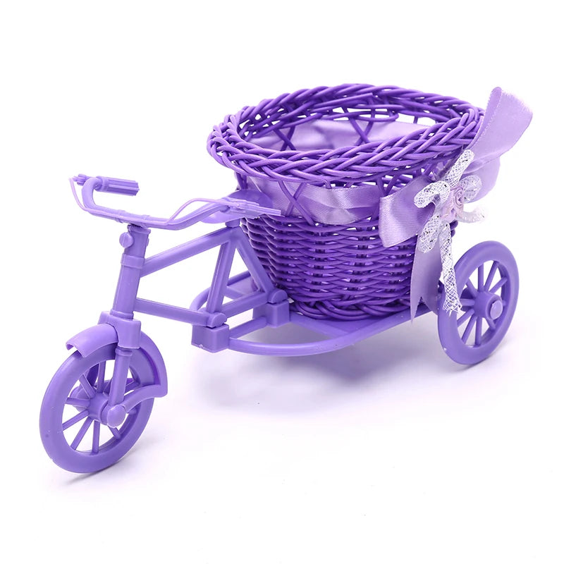 1Pc Rattan Bicycle Flower Basket Vase Storage Three-wheel Cute Flower Pot Ornament
