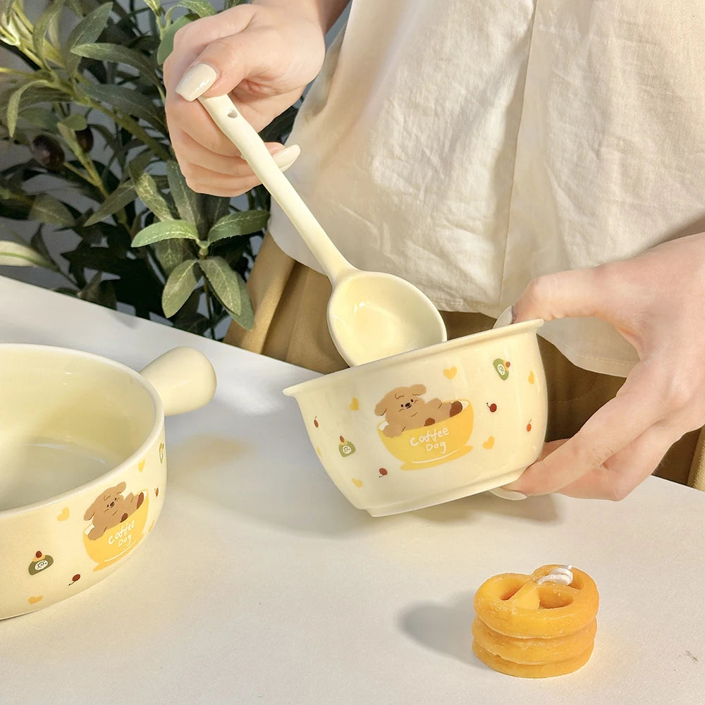 Printed Puppy Dog Pattern Ceramic Bowl Set Underglaze Color Tableware Sweet Style 3 Piece With Spoon For Daily Home Use Dining