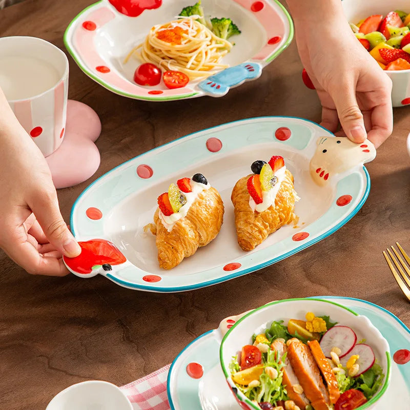 ‌Cute Apple Elephant Ramen Bowl-Microwave Safe Ceramic Tableware Set Cartoon Rice Noodle Dish Gift for New Home Pink Kitchenware