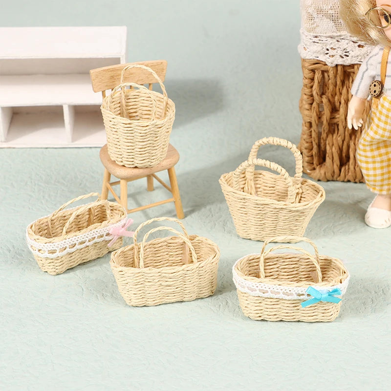 Exquisite Dollhouse Rattan Frame Basket for Miniature Display