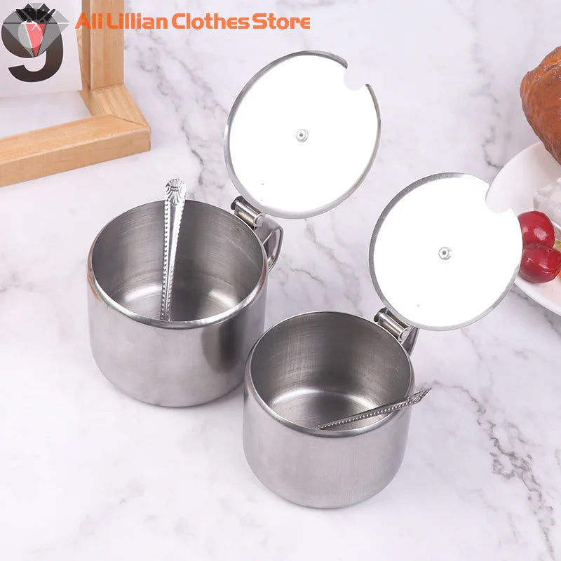 Practical Stainless Steel Sugar Bowl With Handle Lid Spoon Dustproof Waterproof Seasoning Jar Kitchen Restaurant Spice Container