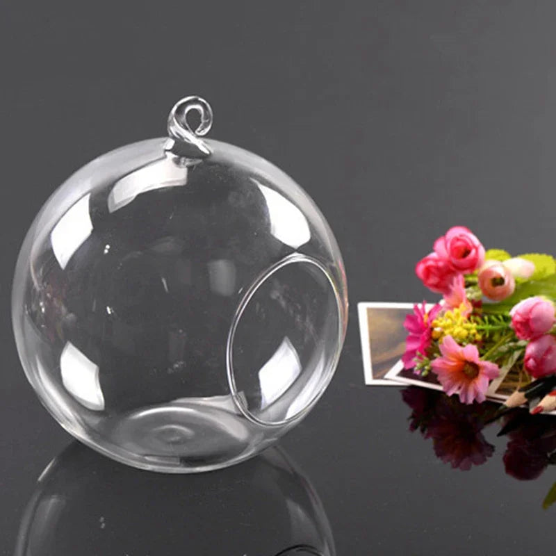 6/8/10cm Mini Hanging Glass Candle Holder Hollow Ball Opening Indoor Hanging Ball Plant Vase for Wedding Party Tree Decoration