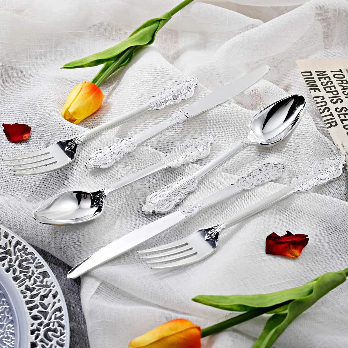Gold Plastic Silverware Heavy Duty Elegant Disposable Utensils Gold Plastic Cutlery Set Forks Spoons for Dinner Parties Weddings