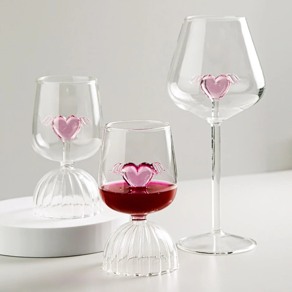 3D Pink Heart Goblet For Valentine's Day Reusable Glass Drinking Cup For Champagne Wine