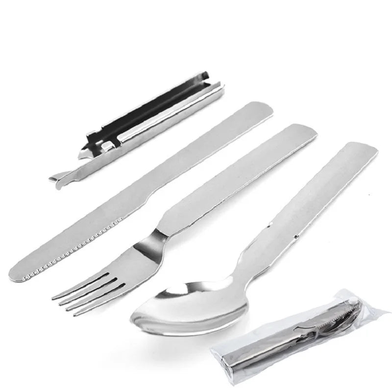 Stainless Steel Tableware Set Outdoor Household Knife Fork Spoon Travel Camping Portable Bottle Opener 4pc/set
