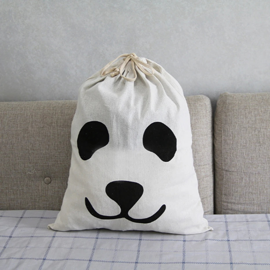 Linen Cotton Laundry Bag Animal Stripe Drawstring Backpack Cartoon Toy Storage Bag Drawstring Dirty Clothes Bag Organizer Pouch