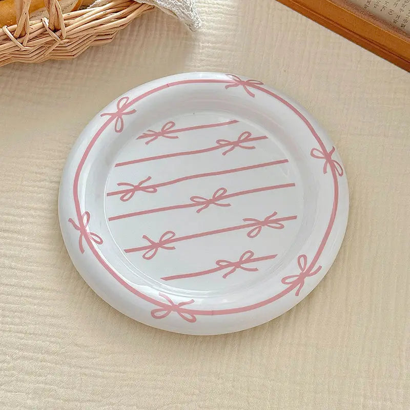Korean Girl Heart Bow Dinner Plate，Pink Dessert Plate Breakfast Plate ，Salad Plate， Exquisite Afternoon Tea Dish