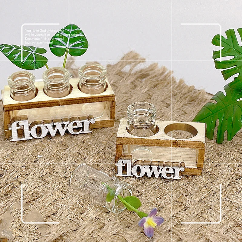 1Set 1:12 Dollhouse Miniature Hydroponic Wooden Flower Arrangement Stand Mini Glass Flower Vase Model Home Garden Decor Toys