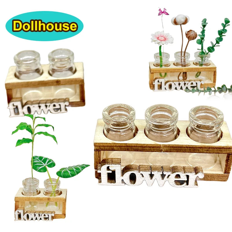 1Set 1:12 Dollhouse Miniature Hydroponic Wooden Flower Arrangement Stand Mini Glass Flower Vase Model Home Garden Decor Toys