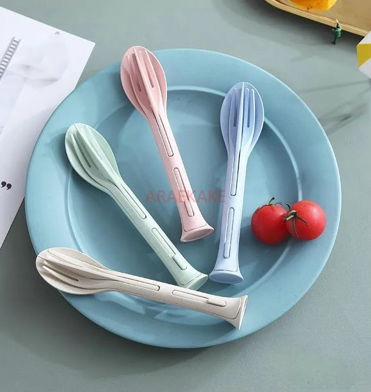 Wheat straw three in one portable children's knife, fork, spoon, family plastic spoon, wheat Western tableware set