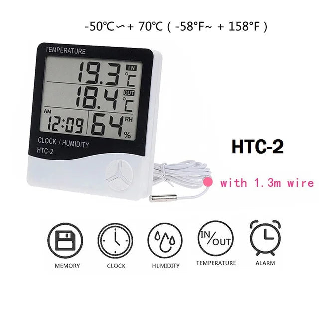 HTC-1 HTC-2 LCD Electronic Digital Temperature Humidity Meter Thermometer Hygrometer Indoor Outdoor Weather Station Clock