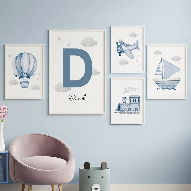 Hot Air Balloon Plane Train Car Custom Baby Name Wall Art Nordic Posters Painting Cartoon Pictures Kids Room Decor Canvas Prints