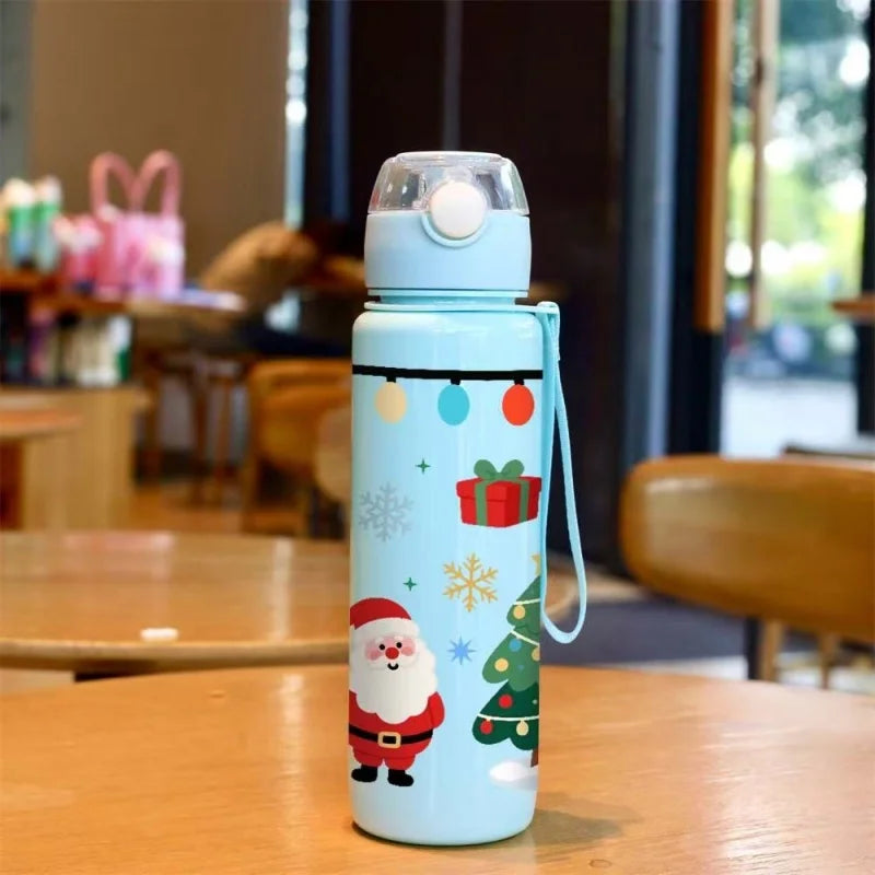 3D Print Christmas Water Bottle with Cute Santa Reindeer Design 700ML Cartoon Cute High Appearance Plastic Water Cup,Leak-Proof