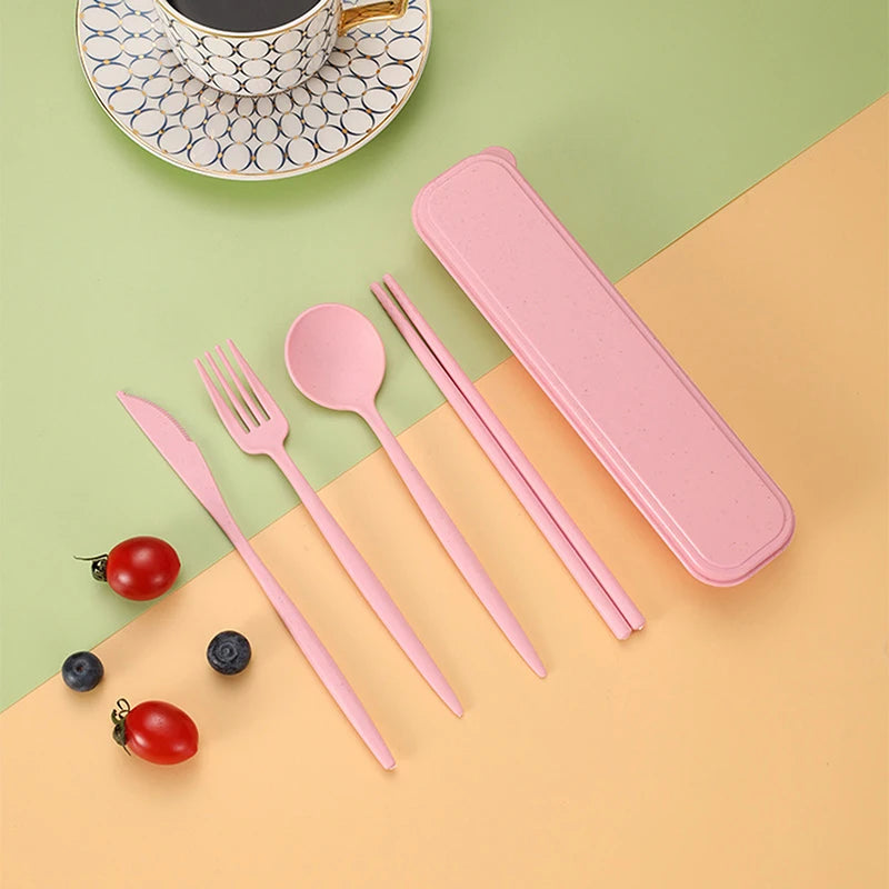 4Pcs/Set Portable Utensils With Box Healthy Eco-Friendly Wheat Straw Cutlery Reusable Chopstick Fork Knife Spoon Tableware Set