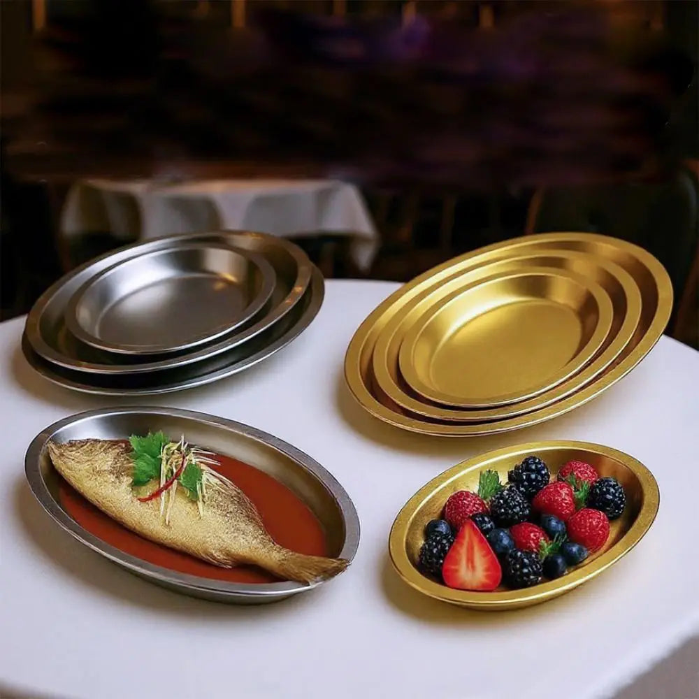 Durable 304 Stainless Steel Food Storage Serving Tray Multi-Size Ellipse Baking tray Large Capacity BBQ pan for Cooking Serving