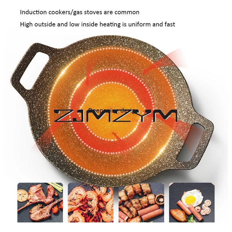 Round Grill Pan Thick Cast Iron Frying Pan Flat Pancake Griddle Non-stick Maifan Stone Cooker Barbecue Tray BBQ Pan