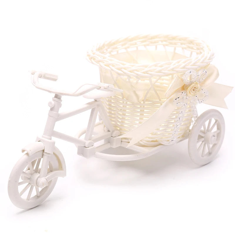 1Pc Rattan Bicycle Flower Basket Vase Storage Three-wheel Cute Flower Pot Ornament