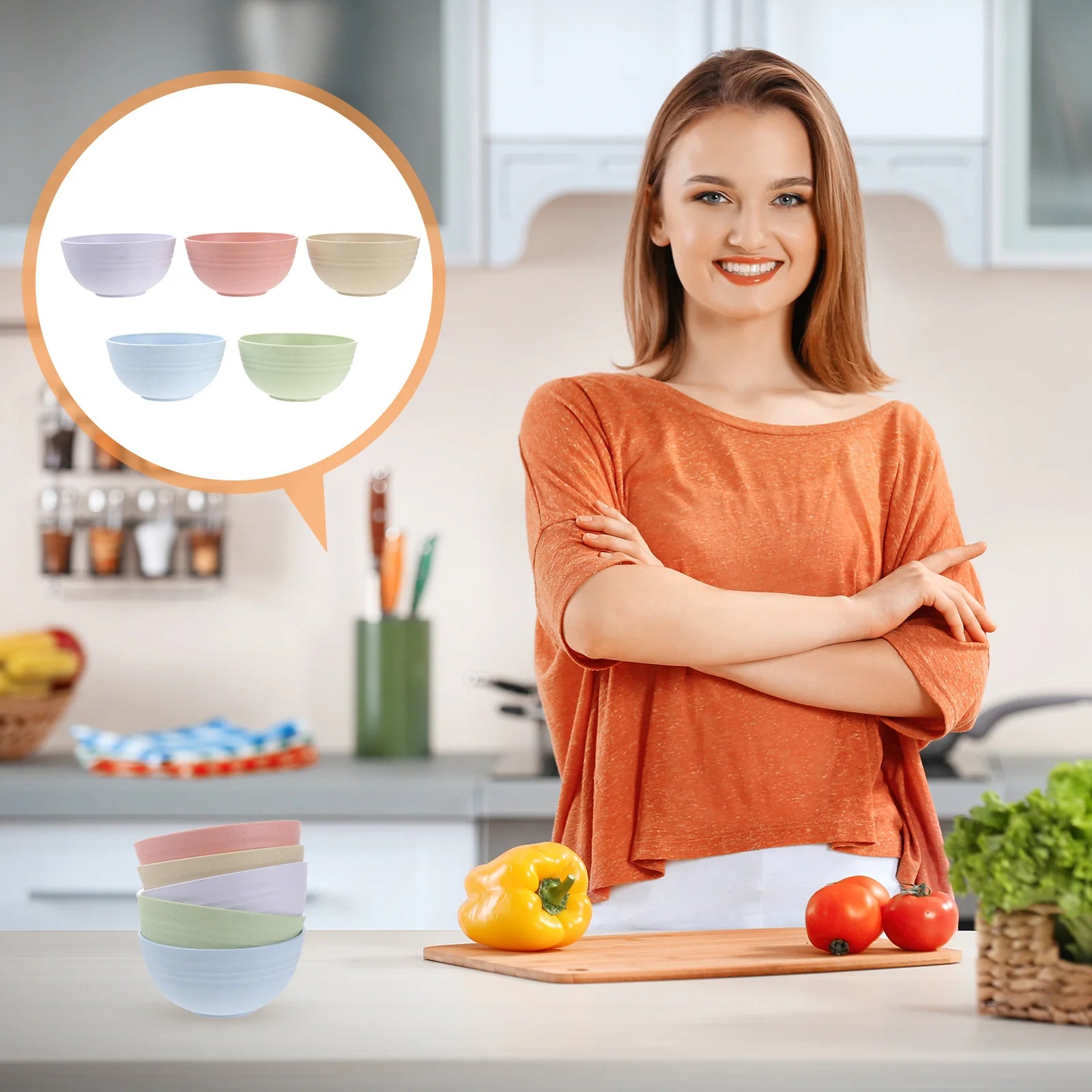 5Pcs Wheat Straw Salad Bowl Set 12cm Lightweight Shatterproof Mixing Bowls Soup Fruit Noodle Container Fruit Salad Bowl