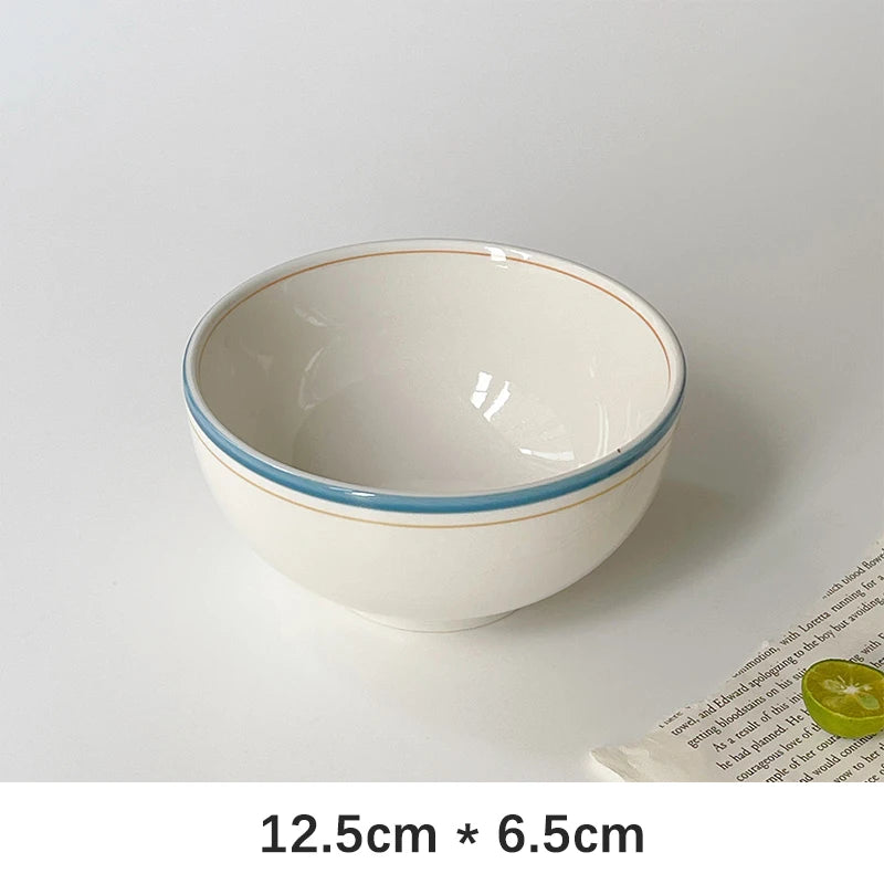 Korean Style Ins Ceramic Bowl Vintage Line Round Porcelain Tableware Breakfast Yogurt Milk Oats Lunch Rice Bowls Personal Items