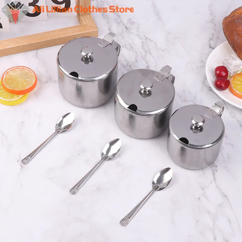 Practical Stainless Steel Sugar Bowl With Handle Lid Spoon Dustproof Waterproof Seasoning Jar Kitchen Restaurant Spice Container