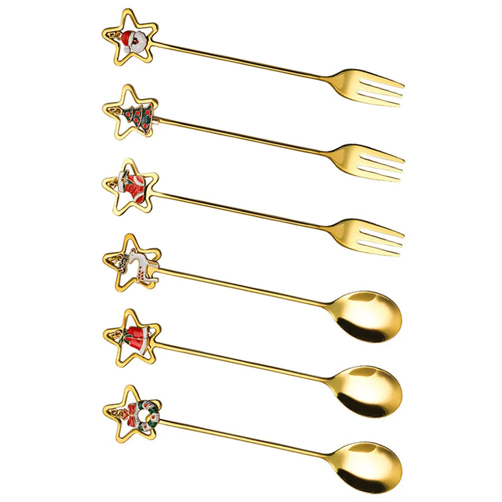 1Set Stainless Steel Christmas Spoon Fork Set Coffee Dessert Cutlery Multipurpose Metal Spoon Fork Christmas Dinnerware