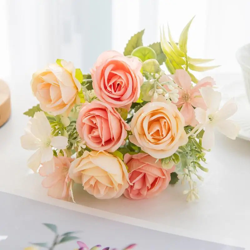 Artificial 1PC Flowers Wedding Home Bedroom Decoration Bridal Bouquet Garden Fake Silk Roses Hydrangeas Vase For Board Outdoors