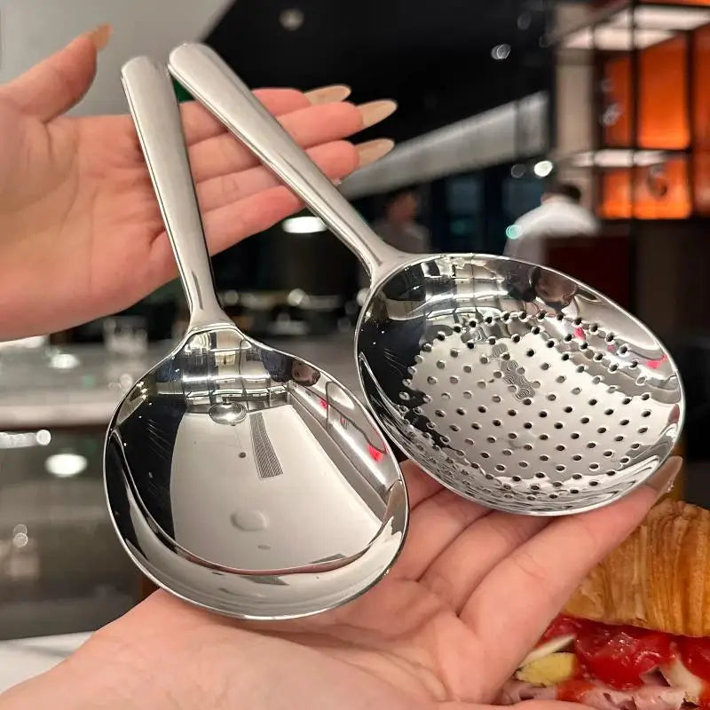 or 2 Pcs Heat Insulated Stainless Steel Ladles; For Serving Soup and Rice; Equipped with Drain Hole; Must-Have Kitchen Utensils