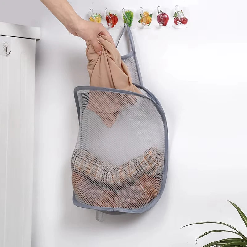 Wall Hanging Dirty Clothes Storage Basket Bathroom Foldable Clothes Baskets Dirty Clothes Net Pocket Laundry Organzier Mesh Bag