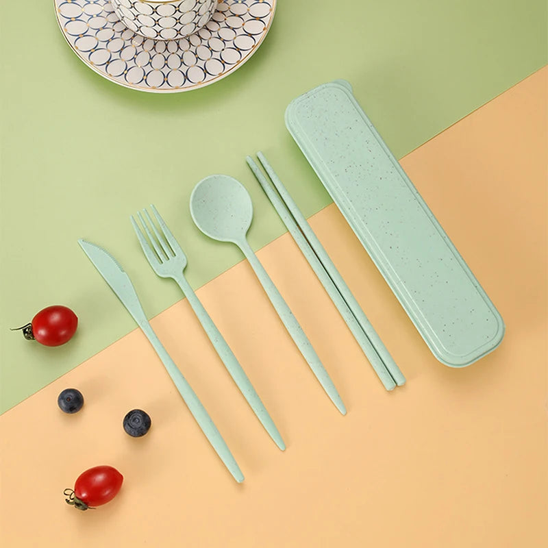 4Pcs/Set Portable Utensils With Box Healthy Eco-Friendly Wheat Straw Cutlery Reusable Chopstick Fork Knife Spoon Tableware Set