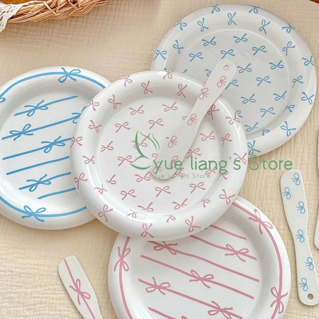 Korean Girl Heart Bow Dinner Plate，Pink Dessert Plate Breakfast Plate ，Salad Plate， Exquisite Afternoon Tea Dish