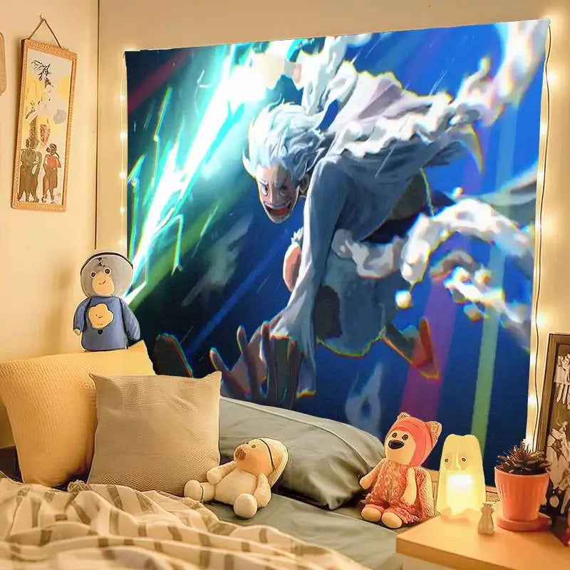 1PC Anime White Hair Blue Attire Dynamic Pose Tapestry, Glowing Lightning Energy Trail Wall Art, Blue Background for Bedroom Liv