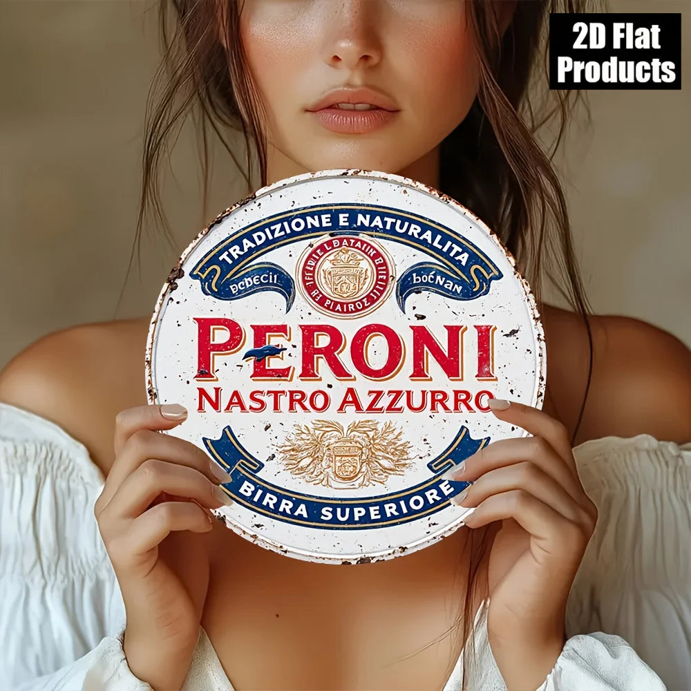 2D Flat, 8x8-Inch Round Aluminum Metal Wall Plaque, Framed - Modern Rustic Style "From Italy to the World" Beer Legend Retro Des