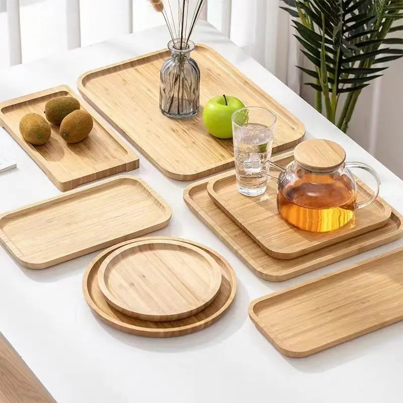 Square and Round Bamboo Storage Tray for Home Use, Tea Coffee Cup Tray Breakfast Dinner Plate Bread Fruit Cake Food Serving Tray
