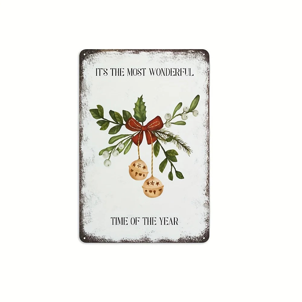 Vintage Christmas Tin Sign - 20.32x30.48 cm Iron Wall Art with Jingle Bells and Holly, Rustic Home Decor for Indoor or Outdoor U