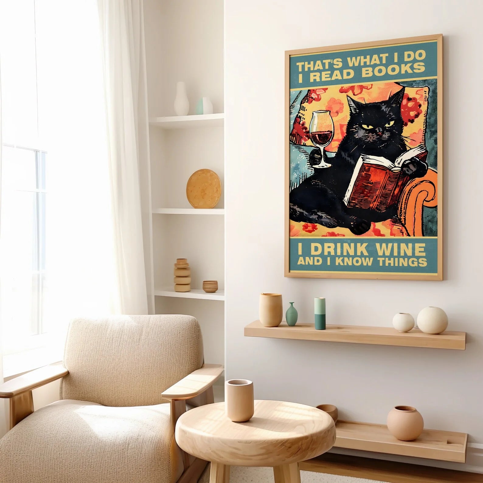 Black Cat Reading Book Drinking Wine Typography Poster or Canvas Print, Cat Wall Art, Quirky Black Cat Book Wine Lover Vintage A