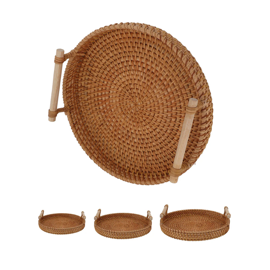 Coffee Table Decorative Tray Traditional Design Round Serving Tray with Solid Wood Handle Hand Woven Large Capacity for Home