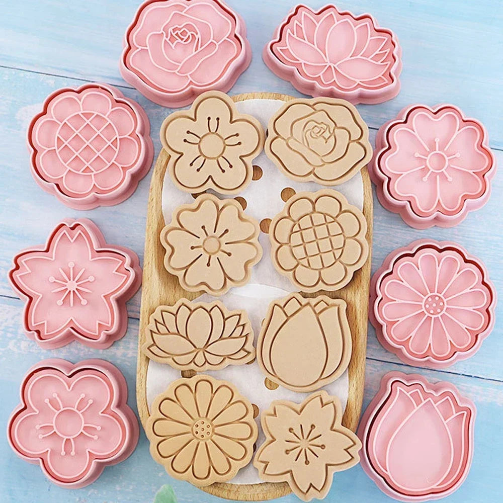Flower Cookie Cutters Set Cutter Mold Plastic Pink Cookie Cutters For Home Kitchen Sunflower Rose Fondant Biscuit Baking Tool