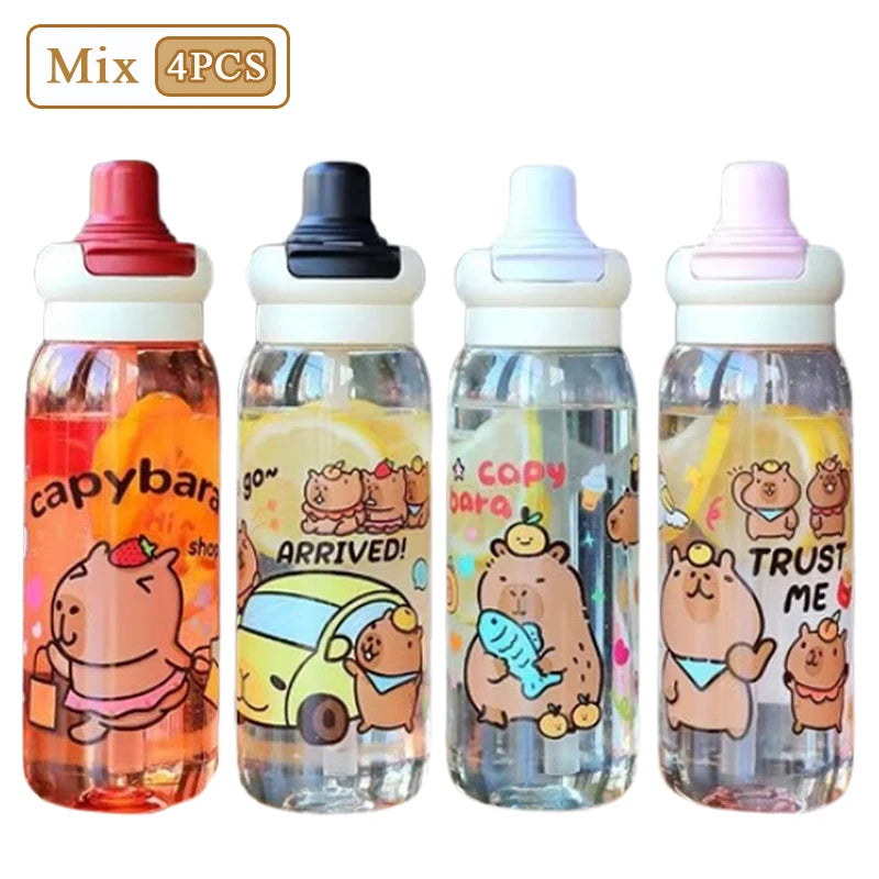 1/2/4PCS Capybara Cartoon 750ml Portable Large-capacity Water Bottle Sports Straw Cups Student Plastic Water Cups Children's Mug