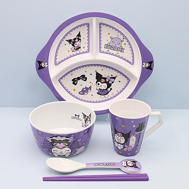 Cute Cartoon Sanrios Kuromi Tableware Bowl Plate Cup Chopsticks Spoon A Set Fashion Imitation Porcelain Tableware Good-Looking