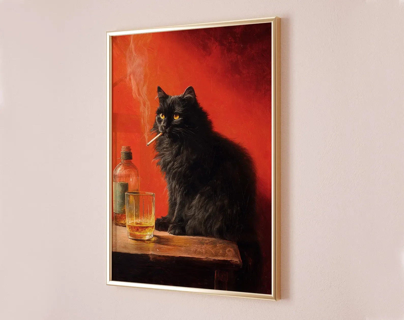 Black Cat Smoking a Cigarette Poster, Vintage Print, Whimsical Wall Art, Funny Animal Art, Poster for Bar Cart, Quirky Kitchen W