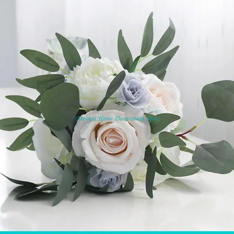H7BF Artificial Flower Bouquet White Blue Simulation Silk Floral Fake Flowers for Wedding Party Bride Handheld Photography Props